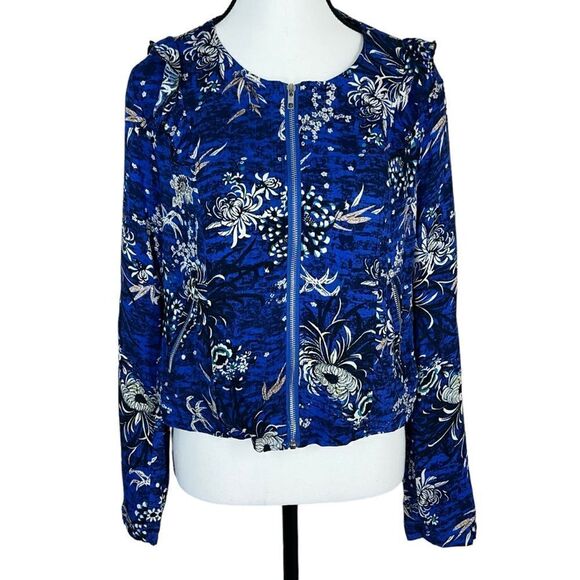 Jaase Jackets & Blazers - Jaase Boho Floral Cropped Bomber Moto Ruffel Jacket NWT Satin Feel Blue Size M.